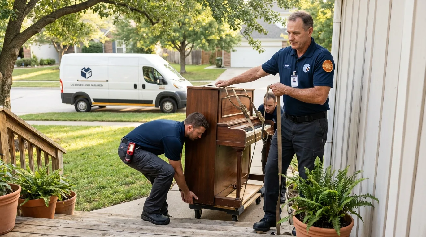 Licensed piano movers securing grand piano in Strafford, MO