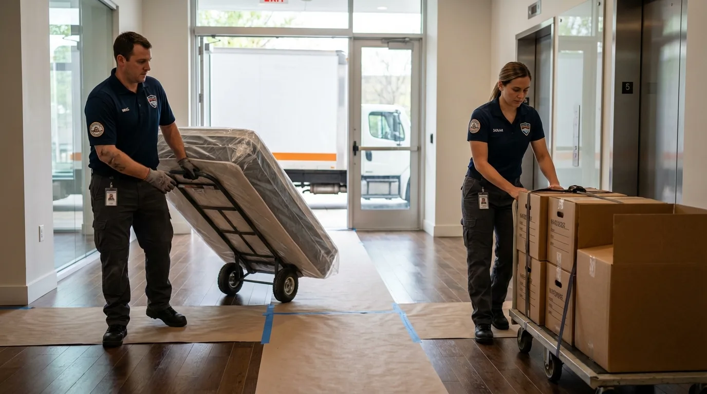 Professional apartment movers loading elevator in Strafford, MO